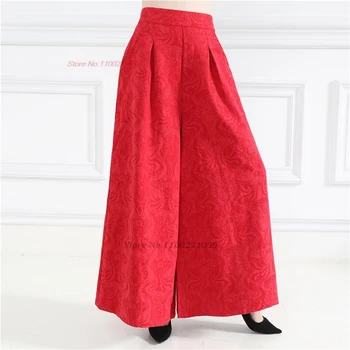 2024 женски реколта панталони с националния цветисти жаккардом, етническа памук, ленени панталони в колониален стил, с широки панталони в стил ретро с еластичен колан