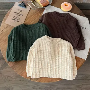 2024 Пролет-есен, ретро пуловер за малки момичета, Детски Памучни Възли блузи за момчета, Пуловер, детски жилетки от однотонного трикотаж