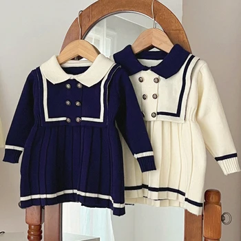 3 цвята, есента и зимата рокля-пуловер за малки момичета, трикотажная плиссированная пола с ревери за деца 1-5 години, долната риза с дълги ръкави