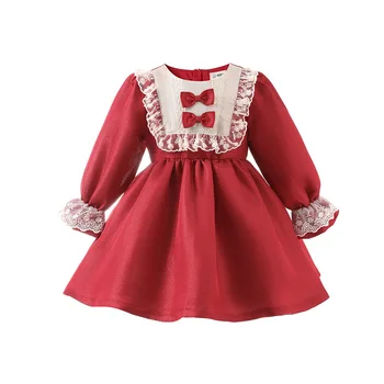 HoneyCherry Есен Нова рокля стил Лолита за момичета, лейси пола принцеса с червен нос, рокли на цветчета за момичетата за сватба