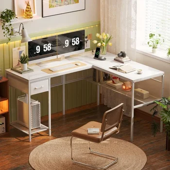 L-образна Маса с розетки за домашния офис, Мебели за работния плот, Маси за стая, Бяла Маса, Компютър, за четене, Игри, Обучение, Лаптоп