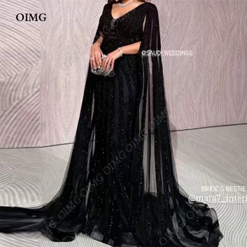 OIMG Лъскава Черна рокля за абитуриентски бал с пайети, дълги ръкави-наметало с дължина до пода, Дубайские арабски дамски рокли за официални събития
