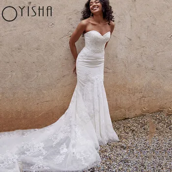 Oyisha Fashion Сладката русалка халат Mariée Русалка дантелени апликации сватбена рокля без ръкави с отворен гръб на поръчка