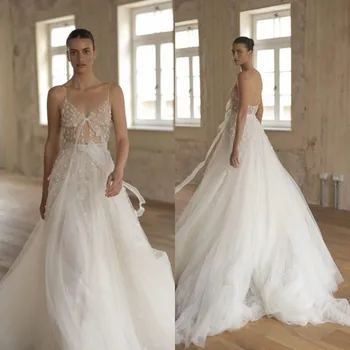 Апликация за сватбена рокля Трапециевидный спагети-прашка от тюл с дължина до пода с лък за Ръчна работа Robe De Mariée