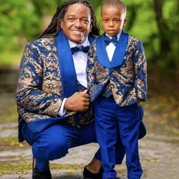 Баща и Син Сшили на поръчка сини жакард мъжки костюми за сватба, детски рожден ден, абитуриентски бал, комплекти за официални тоалети за булката, блейзър от 3 теми