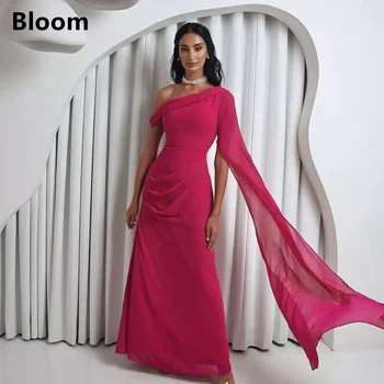Вечерна рокля Bloom Трапецовидна форма, С Едно рамо, Дълги Сатенени Вечерни Рокли С рюшами, Женски Vestidos De Fiesta Elegantes Para Mujer Robe