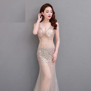 Вечерна рокля Хонг Hu за жени 2023, Нова диамант илюзия, Бляскавите нощно шоу, на бала в нощен клуб, на малка секси дълга рокля