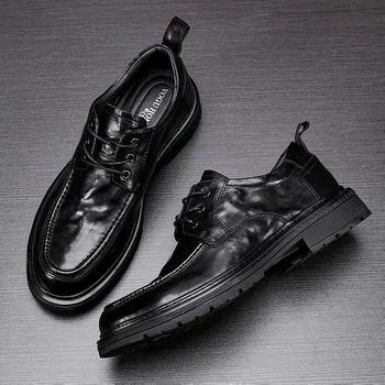 Висококачествени мъжки обувки от естествена кожа, есен-зима, Бизнес мъжки обувки дантела, Есенни мъжки модел обувки, Дизайнерски обувки от телешка кожа