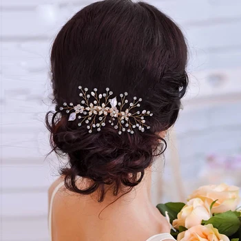 Гребен за коса HP336 Златисто-сребрист прическа на булката с кристали и цветя синтез на Сватбена годеж Женски аксесоари за коса в подарък