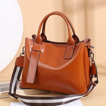Дамска чанта от естествена кожа с голям капацитет, луксозна дамска чанта-тоут от телешка кожа, реколта дамска чанта-месинджър на рамото