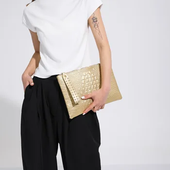 Дамски ежедневни клатчи от кожата крокодилска кожа, модни чанти през рамо цвят: златист, сребрист, Дамски модни чанти през рамо, малки клатчи