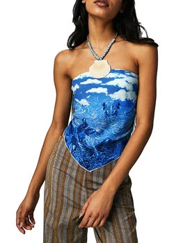Дамски летни потници-кърпи SCEINRET с винтажным цветисти принтом, прилепнали блузи без презрамки, градинска облекло