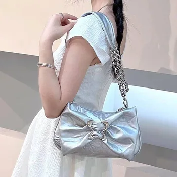 Дамски сребърни чанта през рамо с лък, луксозна Дизайнерска чанта на верига Y2k, Модни Черна перевязь, Малки Квадратни чанта през рамо, Корейски дамски чанти
