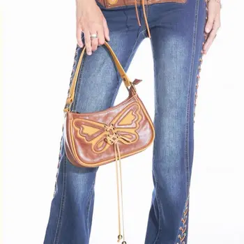 Дамски чанта от изкуствена кожа, реколта кафяв молец С пискюли, ежедневни мека чанта с цип, универсална чанта