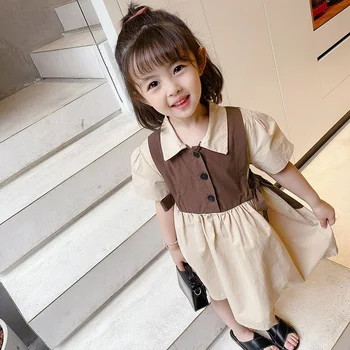 Детски дрехи Лято 2023, нова рокля-риза с къс ръкав за момиченце, Скъпа детски дрехи в корейски стил, пълнозърнести детски рокли