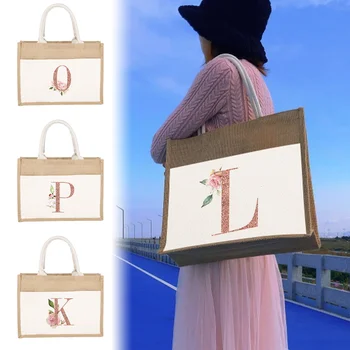 Джутовая чанта, бельо чанта през рамо, чанти, спално бельо, чанти, букви от розово злато и цветя 2023, женствена чанта за пазаруване, ламинирани торбички тоут.