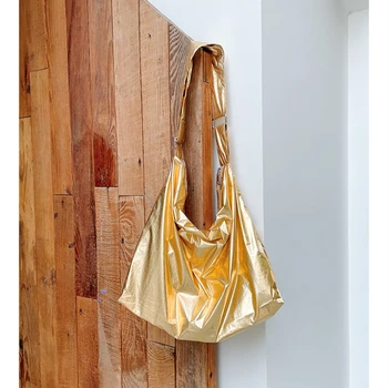 Ежедневна чанта от златна сребърно фолио, модни однотонная найлонова чанта през рамо, чанта-месинджър за студенти в Корейски стил
