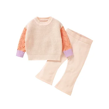 Есенна дрехи за малките момичета в Контрастен цвят Блузи с дълъг ръкав, Разкроена Панталони Комплект ежедневна трикотаж от 2 теми