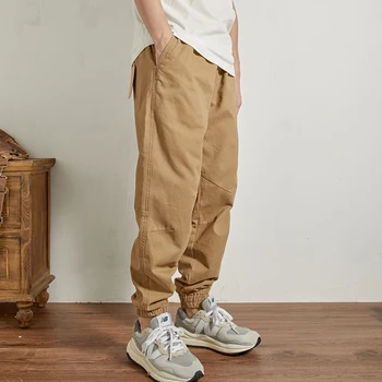 Есенни нови японски мъжки панталони-карго с плътна еластична гумена лента на талията 2023 г., модни свободни панталони от чист памук, изтъкан от тъкани