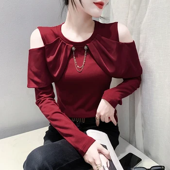Есенно-зимни Корея женска тениска с открити рамене и дълъг ръкав, модни верига, Декоративни набори, дамски тениски, потници