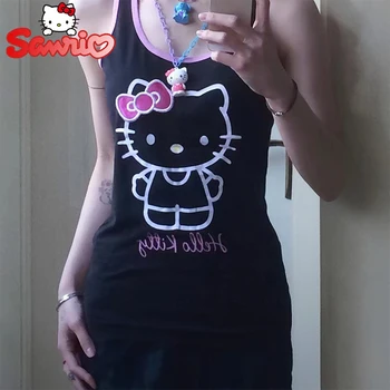 Женствена рокля-риза Hello Kitty, секси рокля-риза без ръкави, летни домашни плажни рокли за момичета, дрехи за парти с анимационни герои под роклята