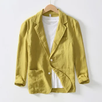 Жълт Елегантен всекидневен сако За мъжете, обикновена костюми, сака от памук и лен, 4XL, дишаща горна дреха с отложным яка голям размер