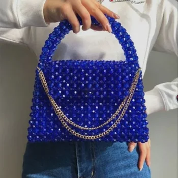 Индивидуална чанта, изработена от мъниста, синьо-черна Прозрачна чанта от ръчно изработени портмонета и чанти с горната дръжка с уникален дизайн дамских чанти за партита