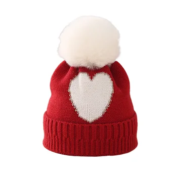 Капачка за малки момичета от жакард със сърца, есенно-зимна топла шапка от сгъсти вълна, вязаная шапчица-бини за деца
