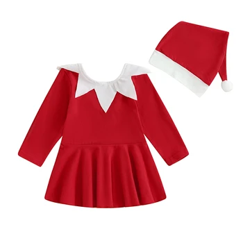 Коледна рокля на принцеса за момичета 1-4 години, с червена рокля трапецовидна форма, с дълъг ръкав и шапка на Дядо Коледа, детски дрехи