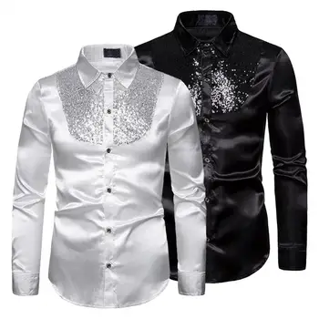 Коприна риза в стил мозайка с пайети, мъжка мода 2024 г., сатен мъжки ризи в стил Уестърн за момчета, танцов костюм за бала в стил диско 2XL
