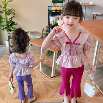Корейски комплекти детски дрехи, Обикновена Летни Бебешки Комплекти, Дрехи За Малките Момичета, Кратък Топ + Панталони, Комплекти от 2 теми, Детски Дрехи, Костюми За момичета