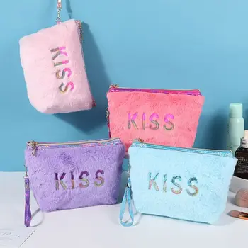 Косметичка Makaron ярки цветове, с надпис KISS, плюшен косметичка с цип, по-голямата голям преносима чанта за тоалетни принадлежности, косметичка за красота