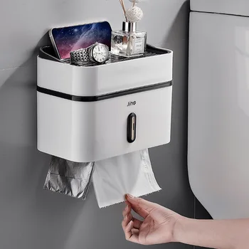 Кутия за тоалетни принадлежности, без перфорация, с монтиран на стената Водоустойчив ролка хартия, Стойка за съхранение на кутии за тоалетна хартия, Държач за хартиени кърпи за ръце