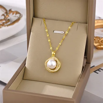 Лека луксозно окачване с диаманти и перли за женски колиета, малко дизайн, верижка-нашийник, бижута от титанов стомана