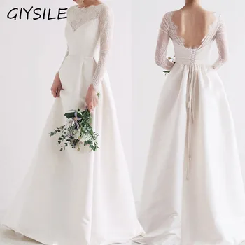 Лесно сватбена рокля GIYSILE от сатен, елегантна, в стил Хепбърн, лесно, Новобрачная, с дълъг ръкав, бельо, Винтажное, бяло, луксозна Сватбена рокля.