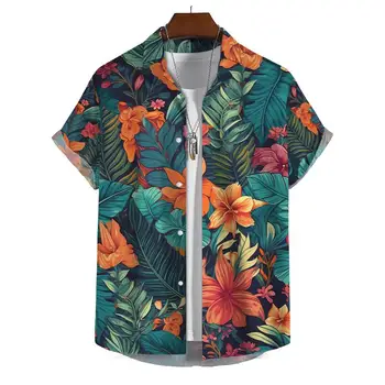 Летни Мъжки елегантни ризи оверсайз, дрехи на цветя теми, Социална риза, градинска дрехи, Оригинална блуза, Празнична плажната Реколта ежедневни облекла