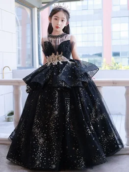 Луксозна вечерна рокля за момичета, детски Елегантно Черно дантелено принцеса рокля, Дълга рокля, булчински облекла Дори за изпълнения на пиано