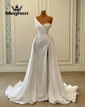 Луксозни Бели сватбени рокли с едно рамо, бродирани с мъниста и перли Сватбена рокля с висока цепка, вечерни рокли С плисета, Русалка Vestido De Noiva