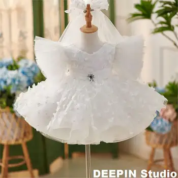 Модерни бели луксозни бални рокли за партита за момичета, НОВО пищни принцеса рокля за момичета с пеперуди, луксозни рокли за Първо причастие за рожден Ден