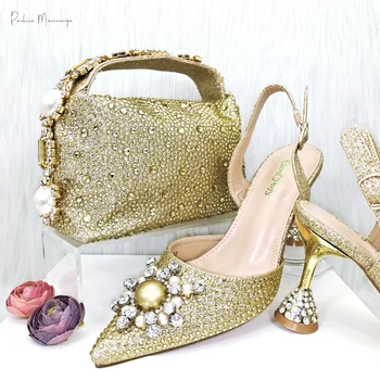 Модни Дамски обувки на висок ток в нигерия стил с големи пайети и перли, сатен дамска чанта, обувки за партита и абитуриентски бал, комплект с чанта
