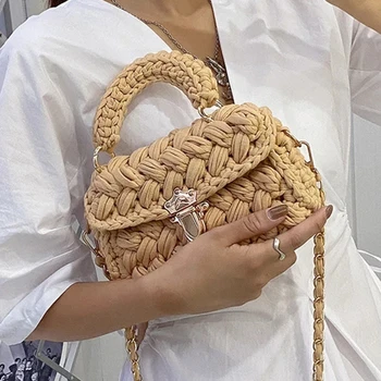 Модни дамски чанти за плетене на въжета, дизайнерски веригата, тъкани торби през рамо, за жени 2021, малки дамски портмонета с квадратен капак