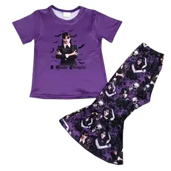 Модни детски дрехи от бутик Wednesday За момичета, лилаво топ с принтом, разкроена панталони, комплект в наличност на Едро