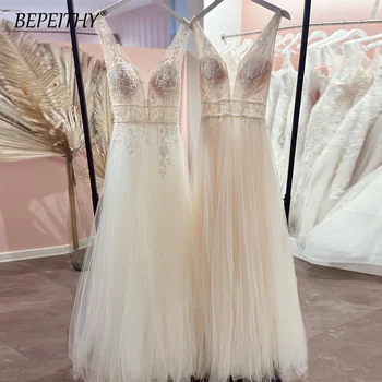 Модно сватбена рокля 2023, Сексуална прозрачно сватбена рокля в стил Бохо с отворен гръб, сватбени рокли без ръкави, украсена с пайети кружевными