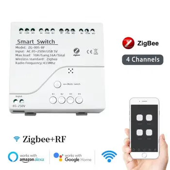 Модул Sasha Zigbee Smart Switch 4 Канала 85-250 В WiFi Реле DIN-Рейк RF433 Дистанционно Управление Работи с Алекса Zigbee Hub