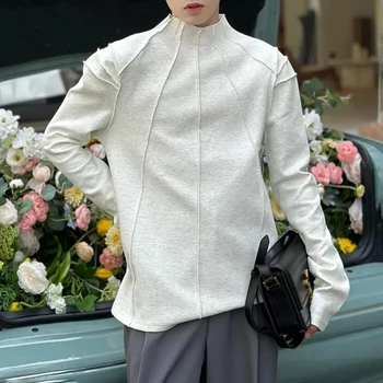 Мъжки есенна тениска с дълъг ръкав от 100% памук, приталенная, с яка във формата на костенурка, без ръкави, в корейски стил, hoody с оформяне на линия, унисекс