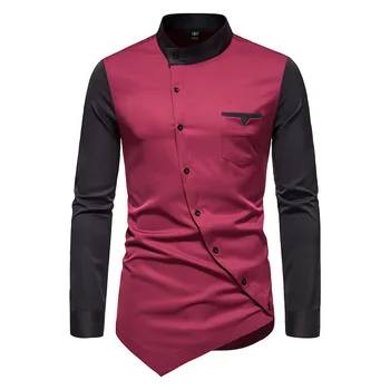 Мъжки модни дрехи ризи с окаймленным яка, черни, вино-червено, асиметрична риза с дълги ръкави, бизнес ежедневни ризи с копчета