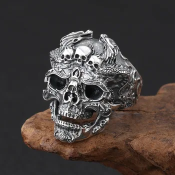 Мъжки пръстен с череп от сребро S925 проби, тайское сребро, винтажное отворен пръстен в стил пънк-рок