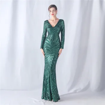 Най-новото Зелена вечерна рокля с дълги ръкави, расшитое еластични пайети, Русалка, с Дължина до пода, Дълги рокли за абитуриентски бал Плюс Размер сватбени рокли за партита