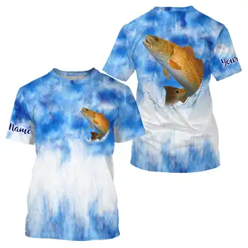 Нов мъжки ежедневни топ с кръгло деколте за морски риболов със сини морски камуфлаж с индивидуален име, риболовна риза|тениска