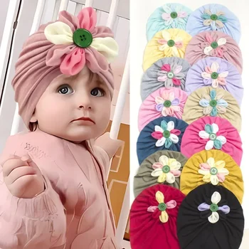 Нова детска шапка-пуловер с цветя модел на копчета, мека и удобна индийски капачка, детска шапка за деца